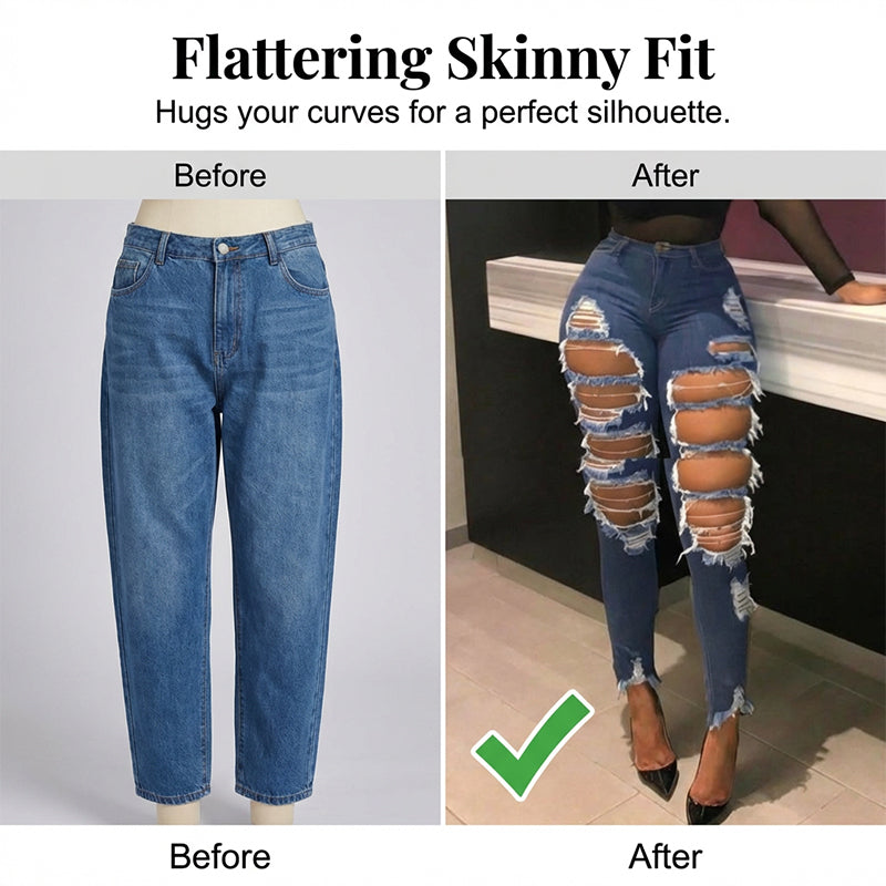 Jean skinny taille haute femme effet usé déchiré