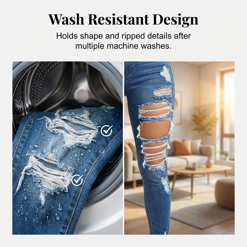 Jean skinny taille haute femme effet usé déchiré
