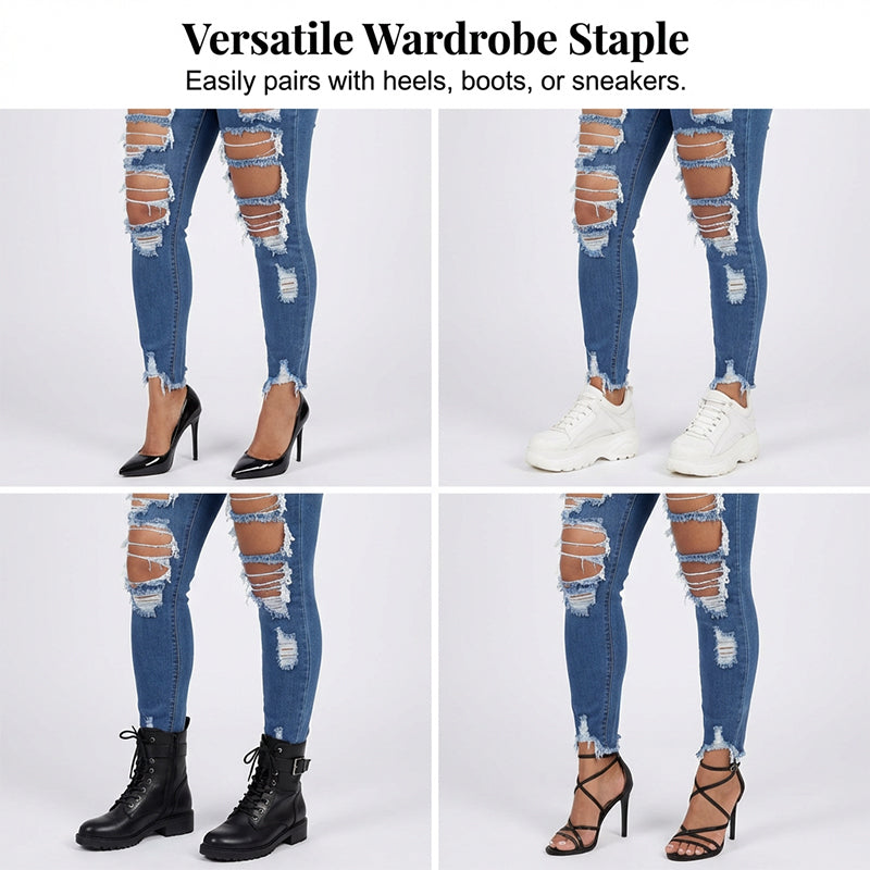 Jean skinny taille haute femme effet usé déchiré