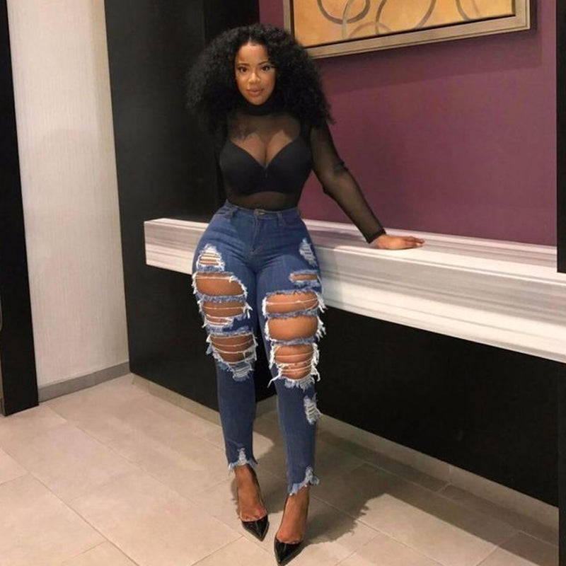 Jean skinny taille haute femme effet usé déchiré