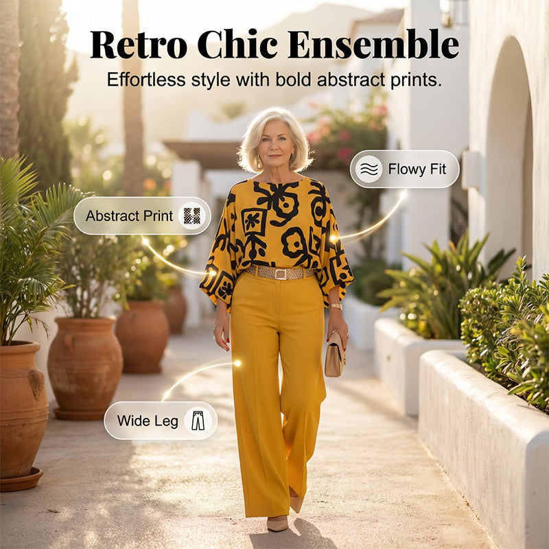 Ensemble Femme Rétro : Haut à Imprimé Graphique et Pantalon Large