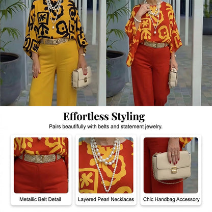 Ensemble Femme Rétro : Haut à Imprimé Graphique et Pantalon Large