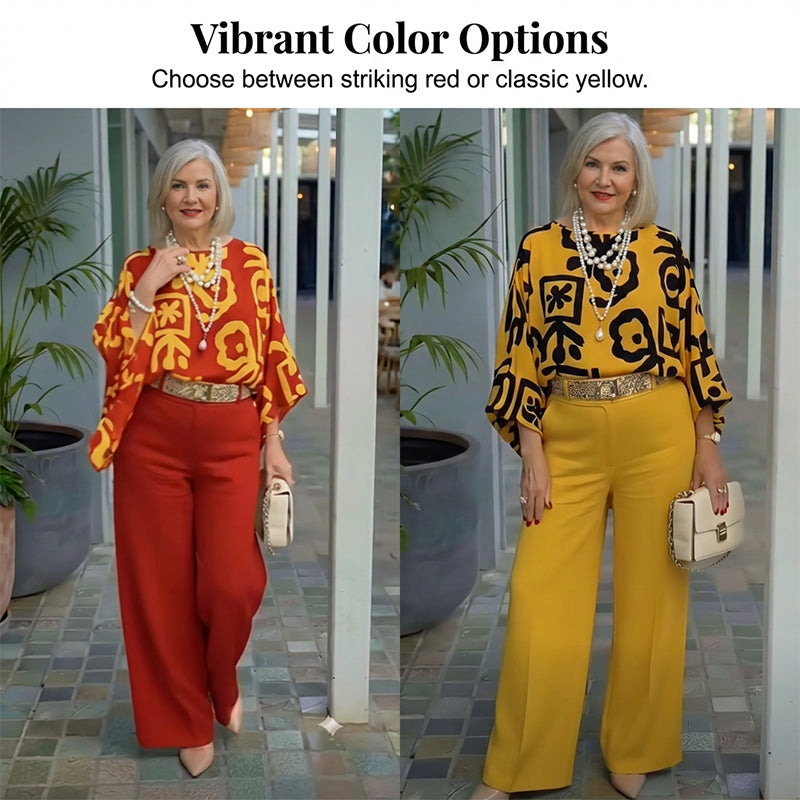 Ensemble Femme Rétro : Haut à Imprimé Graphique et Pantalon Large