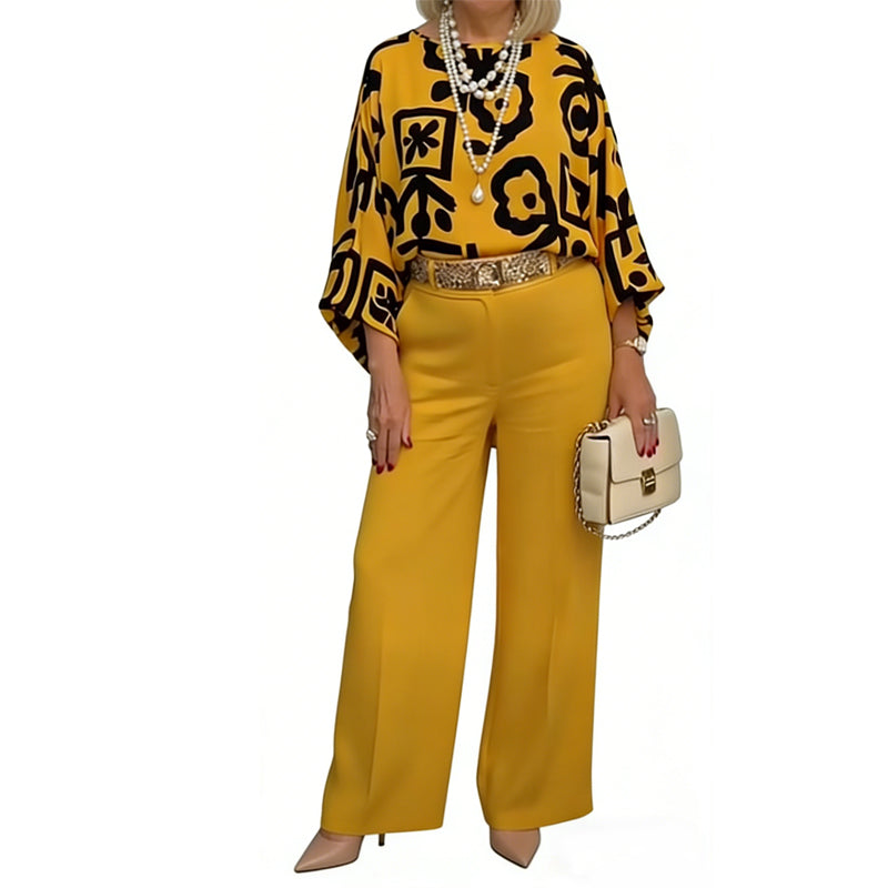 Ensemble Femme Rétro : Haut à Imprimé Graphique et Pantalon Large