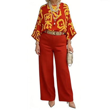 Ensemble Femme Rétro : Haut à Imprimé Graphique et Pantalon Large