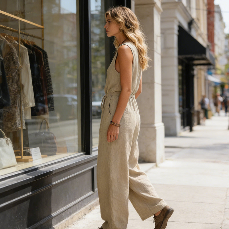 Combinaison femme sans manches à col en V et jambes larges