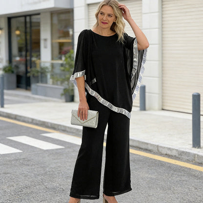 ⏳Spécial à durée limitée⏰Elegant Sequin Trim Poncho Top & Wide-Leg Pants Set👚👖