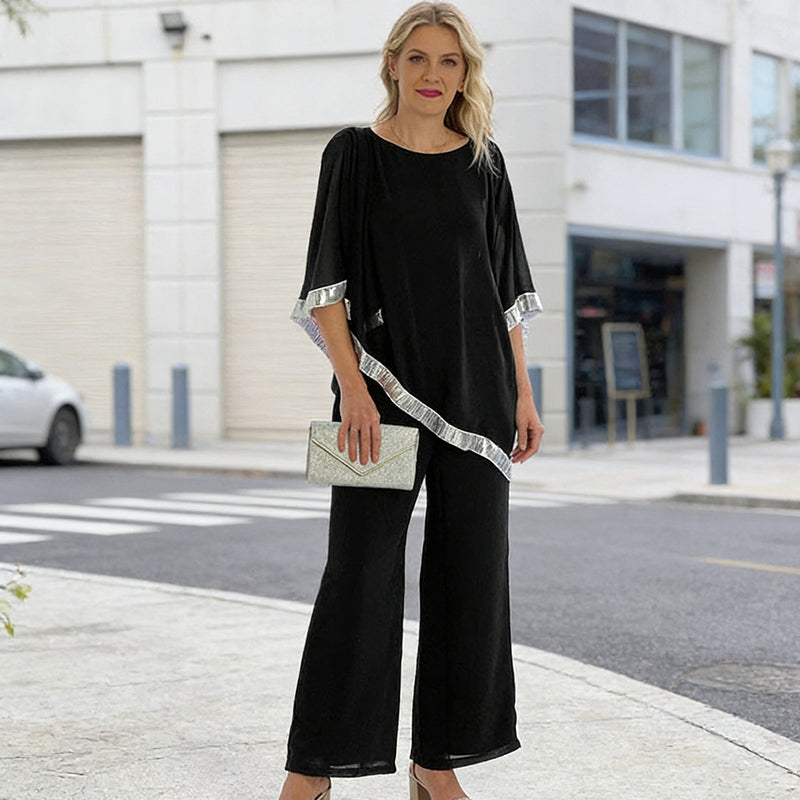 ⏳Spécial à durée limitée⏰Elegant Sequin Trim Poncho Top & Wide-Leg Pants Set👚👖