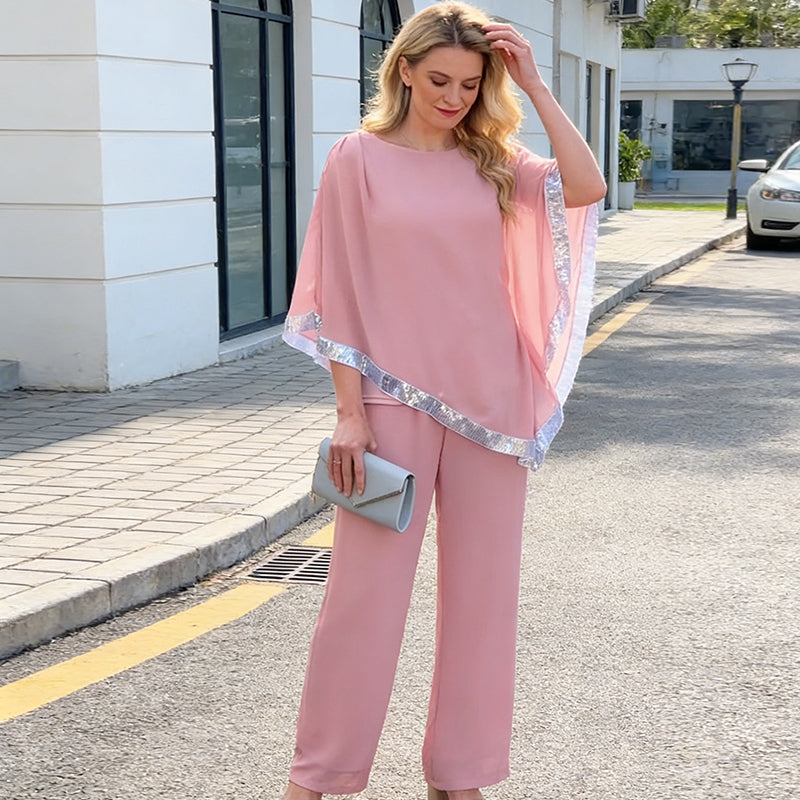 ⏳Spécial à durée limitée⏰Elegant Sequin Trim Poncho Top & Wide-Leg Pants Set👚👖