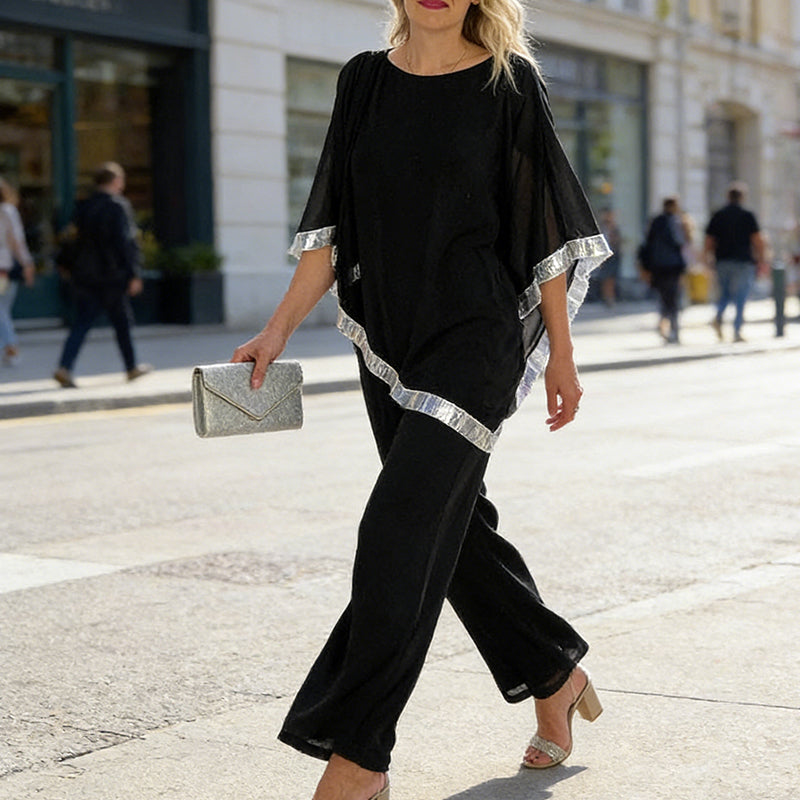 ⏳Spécial à durée limitée⏰Elegant Sequin Trim Poncho Top & Wide-Leg Pants Set👚👖