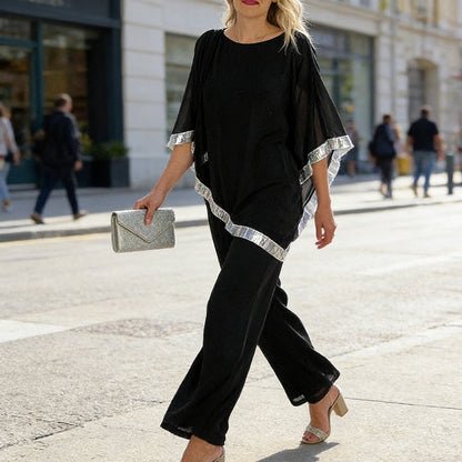 ⏳Spécial à durée limitée⏰Elegant Sequin Trim Poncho Top & Wide-Leg Pants Set👚👖
