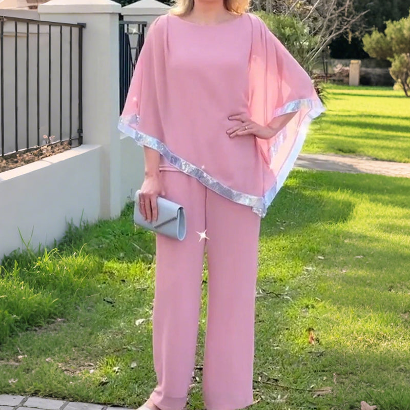 ⏳Spécial à durée limitée⏰Elegant Sequin Trim Poncho Top & Wide-Leg Pants Set👚👖