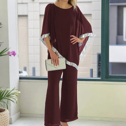 ⏳Spécial à durée limitée⏰Elegant Sequin Trim Poncho Top & Wide-Leg Pants Set👚👖