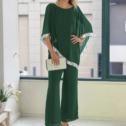 ⏳Spécial à durée limitée⏰Elegant Sequin Trim Poncho Top & Wide-Leg Pants Set👚👖