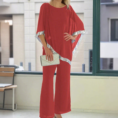 ⏳Spécial à durée limitée⏰Elegant Sequin Trim Poncho Top & Wide-Leg Pants Set👚👖