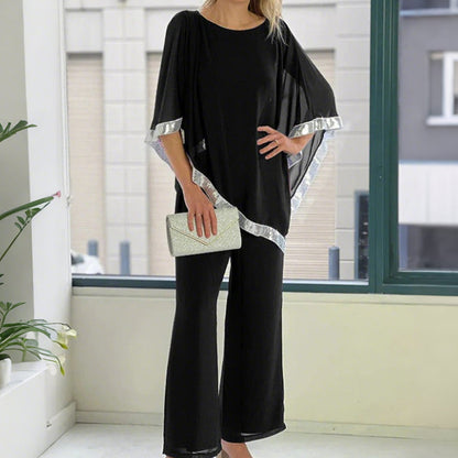 ⏳Spécial à durée limitée⏰Elegant Sequin Trim Poncho Top & Wide-Leg Pants Set👚👖