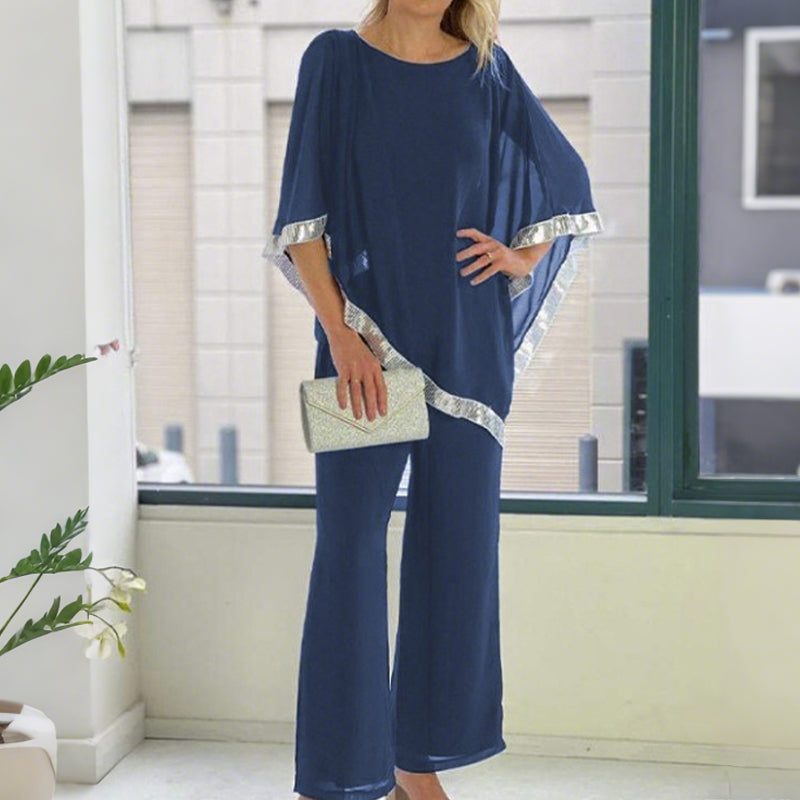 ⏳Spécial à durée limitée⏰Elegant Sequin Trim Poncho Top & Wide-Leg Pants Set👚👖