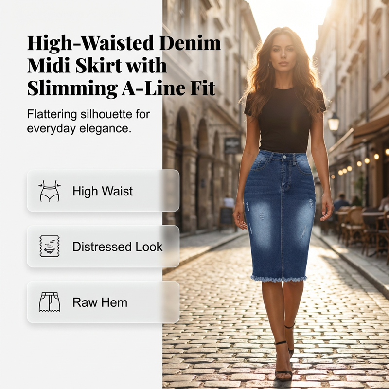 Jupe-jean pour femme à taille haute et ourlet effiloché