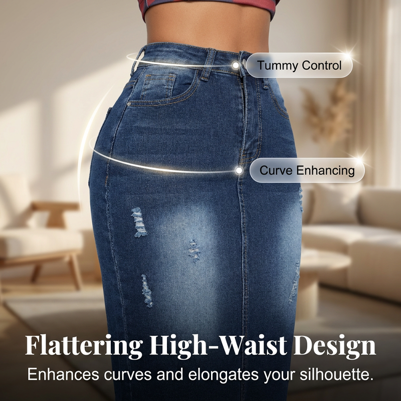 Jupe-jean pour femme à taille haute et ourlet effiloché