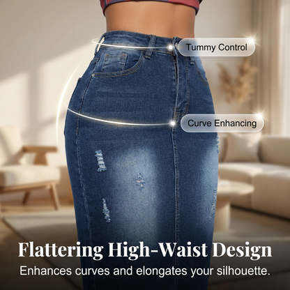 Jupe-jean pour femme à taille haute et ourlet effiloché
