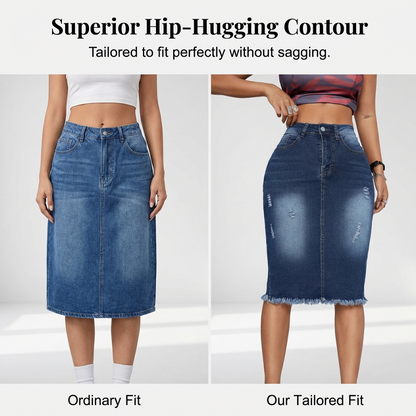Jupe-jean pour femme à taille haute et ourlet effiloché