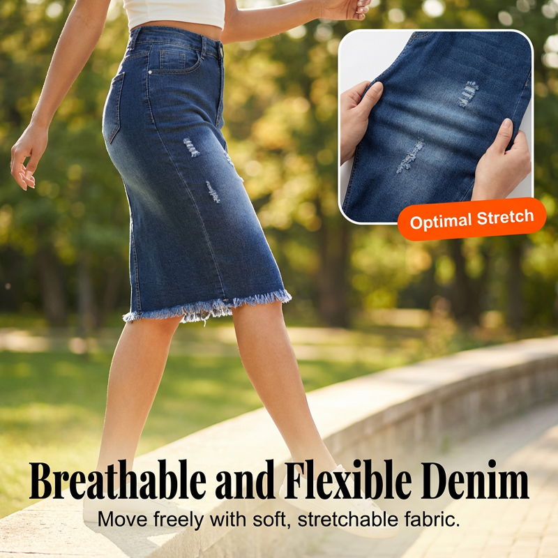 Jupe-jean pour femme à taille haute et ourlet effiloché