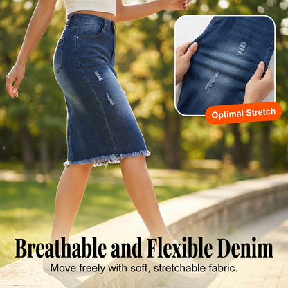 Jupe-jean pour femme à taille haute et ourlet effiloché