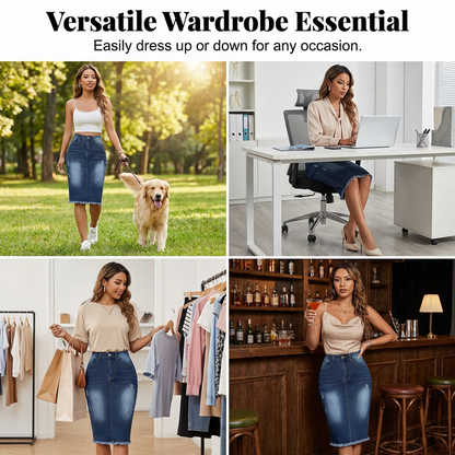 Jupe-jean pour femme à taille haute et ourlet effiloché