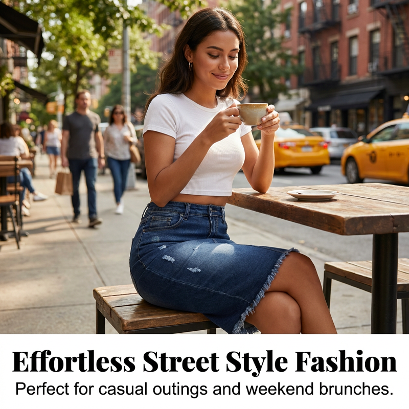 Jupe-jean pour femme à taille haute et ourlet effiloché