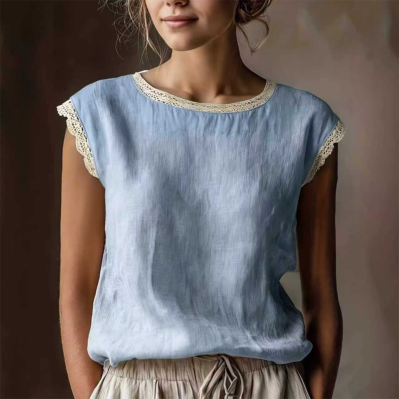 Blouse femme sans manches avec bordure en dentelle