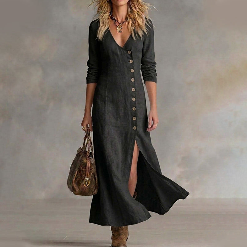 🔥Offre à durée limitée - Robe longue à manches longues, col en V et boutons pour femme