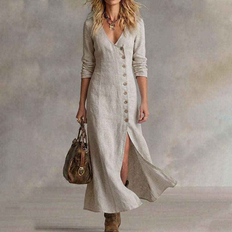 🔥Offre à durée limitée - Robe longue à manches longues, col en V et boutons pour femme