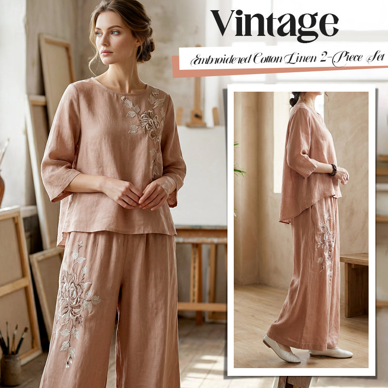 Ensemble 2 pièces vintage brodé en coton et lin