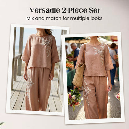 Ensemble 2 pièces vintage brodé en coton et lin