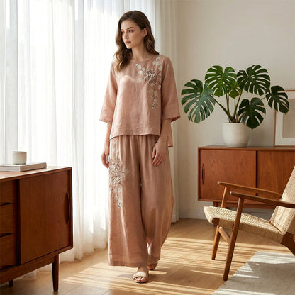 Ensemble 2 pièces vintage brodé en coton et lin