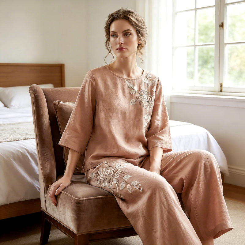 Ensemble 2 pièces vintage brodé en coton et lin
