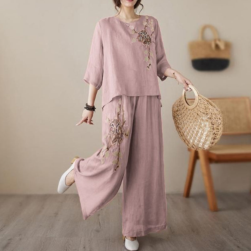 Ensemble 2 pièces vintage brodé en coton et lin