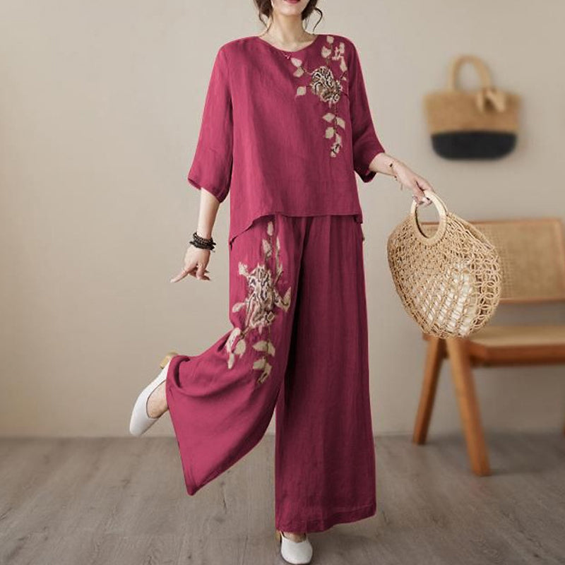 Ensemble 2 pièces vintage brodé en coton et lin