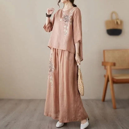 Ensemble 2 pièces vintage brodé en coton et lin
