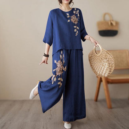 Ensemble 2 pièces vintage brodé en coton et lin