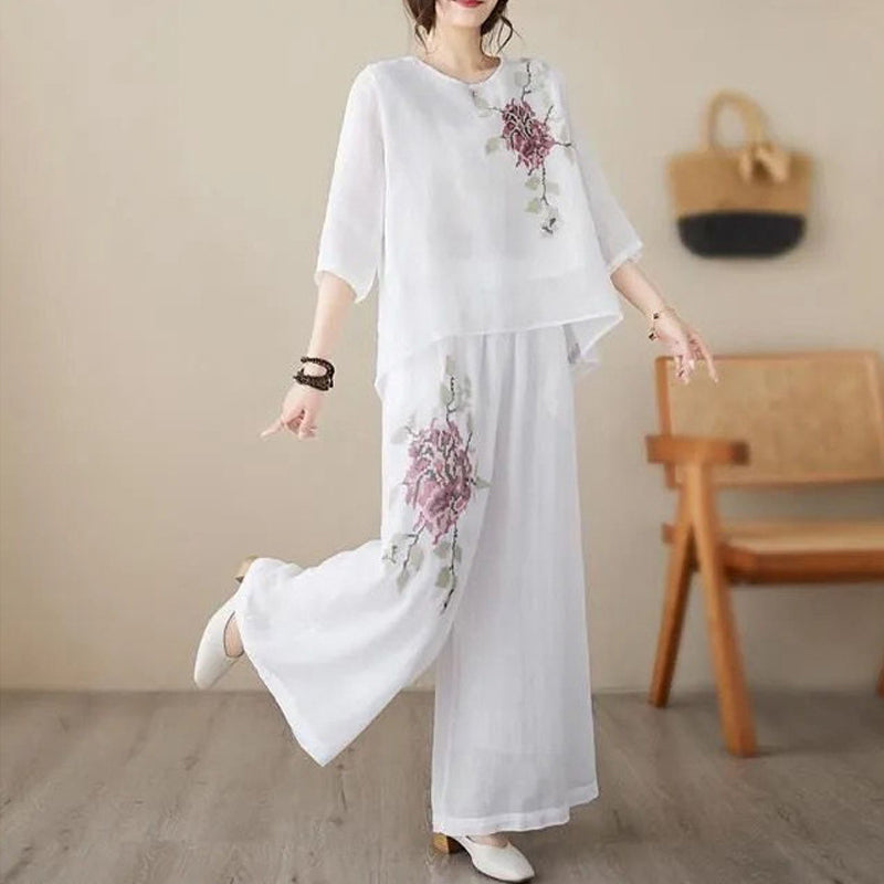 Ensemble 2 pièces vintage brodé en coton et lin