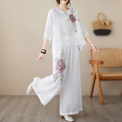 Ensemble 2 pièces vintage brodé en coton et lin
