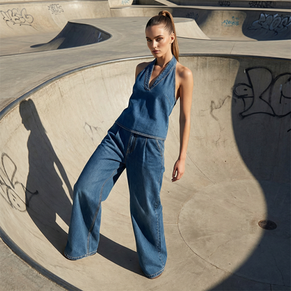 📢📢50 % de réduction ⏰Offres exceptionnelles⚡️Ensemble haut dos nu et pantalon large décontracté pour femme