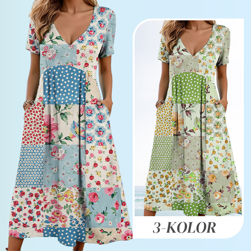 🥳VENTE FLASH 2026🥳💞Plus de 50 000 vendus !💙50 % de réduction ! Robe à manches courtes et col V à motifs pour femme – Tissu doux, coupe flatteuse et ajustée, un indispensable du quotidien décontracté🌿✅