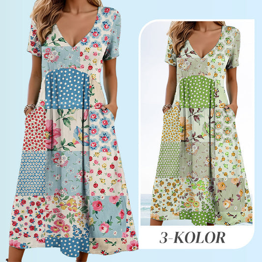🥳VENTE FLASH 2026🥳💞Plus de 50 000 vendus !💙50 % de réduction ! Robe à manches courtes et col V à motifs pour femme – Tissu doux, coupe flatteuse et ajustée, un indispensable du quotidien décontracté🌿✅