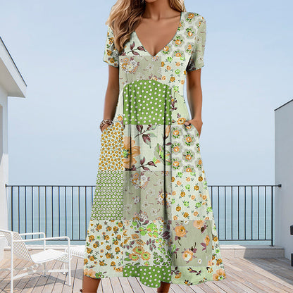 🥳VENTE FLASH 2026🥳💞Plus de 50 000 vendus !💙50 % de réduction ! Robe à manches courtes et col V à motifs pour femme – Tissu doux, coupe flatteuse et ajustée, un indispensable du quotidien décontracté🌿✅