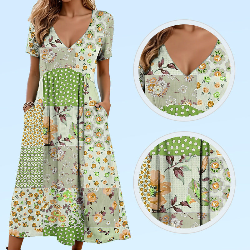 🥳VENTE FLASH 2026🥳💞Plus de 50 000 vendus !💙50 % de réduction ! Robe à manches courtes et col V à motifs pour femme – Tissu doux, coupe flatteuse et ajustée, un indispensable du quotidien décontracté🌿✅
