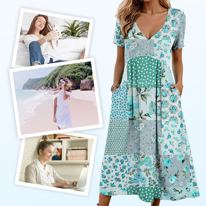 🥳VENTE FLASH 2026🥳💞Plus de 50 000 vendus !💙50 % de réduction ! Robe à manches courtes et col V à motifs pour femme – Tissu doux, coupe flatteuse et ajustée, un indispensable du quotidien décontracté🌿✅