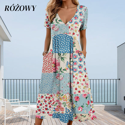 🥳VENTE FLASH 2026🥳💞Plus de 50 000 vendus !💙50 % de réduction ! Robe à manches courtes et col V à motifs pour femme – Tissu doux, coupe flatteuse et ajustée, un indispensable du quotidien décontracté🌿✅
