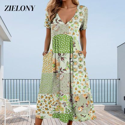 🥳VENTE FLASH 2026🥳💞Plus de 50 000 vendus !💙50 % de réduction ! Robe à manches courtes et col V à motifs pour femme – Tissu doux, coupe flatteuse et ajustée, un indispensable du quotidien décontracté🌿✅